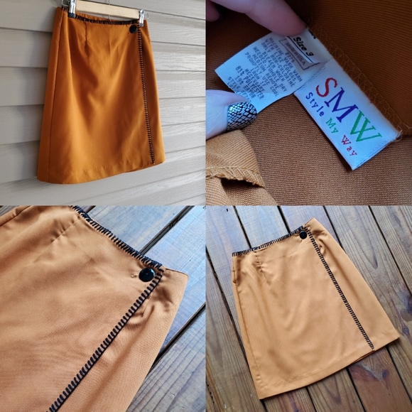 Vintage 80's 90's size 3 S/XS golden mustard button wrap mini skirt - Picture 5 of 5